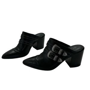 Frye Black Leather Buckle Mules